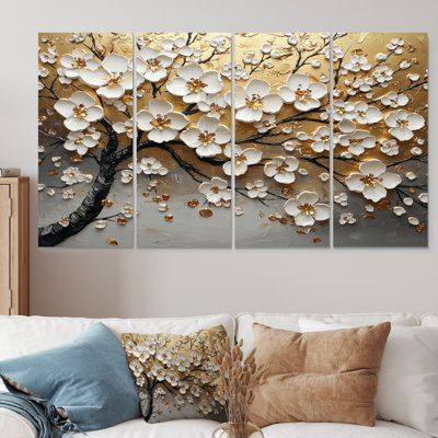 Dreaming White and Gold Cherry Blossom Branch I - Ensemble de décoration murale cerisier en fleurs
