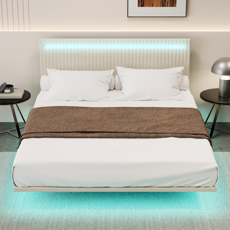 Pas de sommier nécessaire, grand lit, beige, ressort, tête de lit réglable, lumières à DEL, revêtement en velours, cadre de lit de tête de lit flottant,