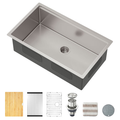 32 x 19 Inch Workstation Ledge Handmade Undermount Kitchen Sink SUS304 Stainless Steel 16 Gauge