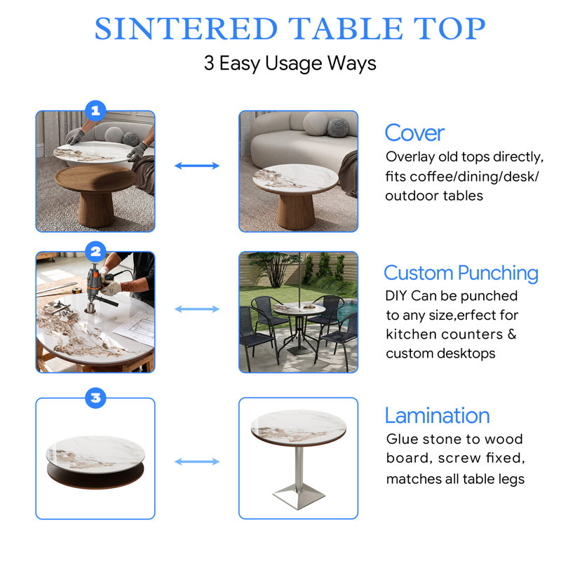 Plateau de table rond en pierre texturée frittée blanche, H 0,43 po x L 23,62 po x l 23,62 po