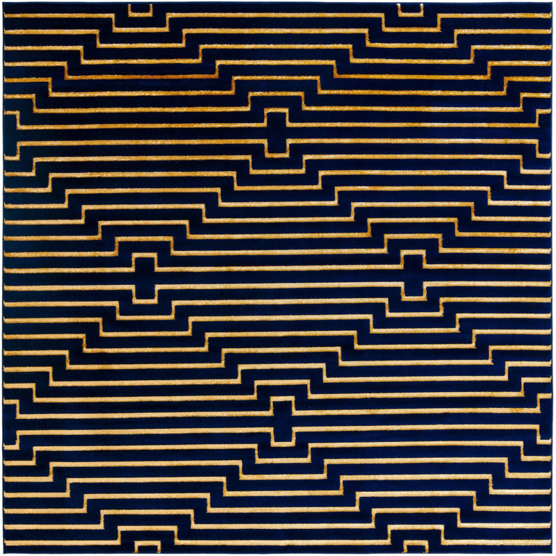 Tapis contemporain bleu marine et doré Omotayo, Carré 10 pi
