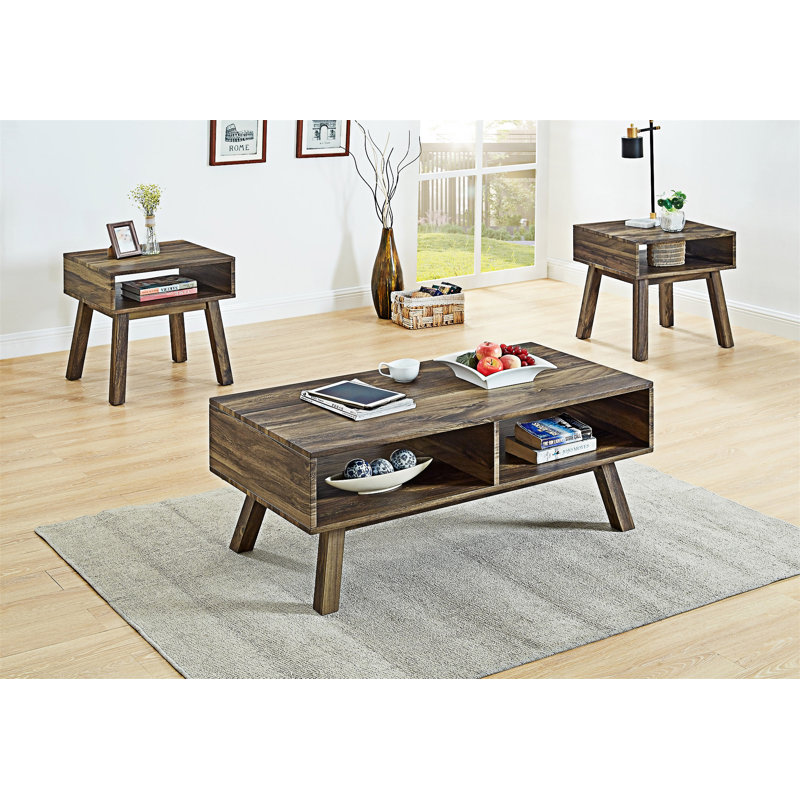 Ensemble de tables basses 3 pièces et 2 tables de bout avec tablette de rangement à finition grain de bois et salon contemporain Home Brown (table incluse seulement)