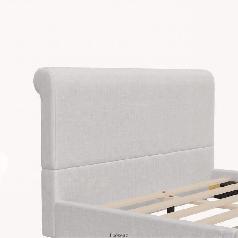 Lit plateforme Queen capitonné de style traîneau avec tête de lit haute, pied de lit arrondi, pieds et lattes en bois massif, beige