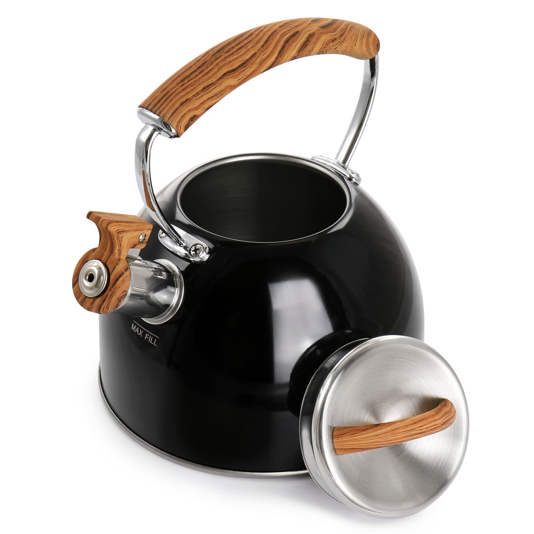 Mr. Coffee 2 Quart Stainless Steel Whistling Tea Kettle With Wood Pattern Handle In Black Mr. Coffee