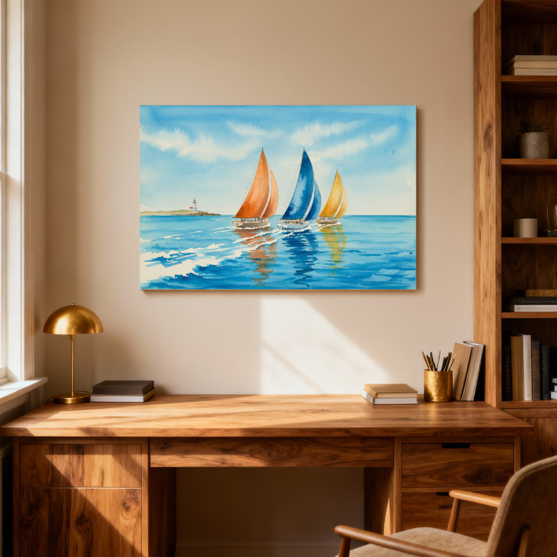 Paysage et nature voiliers sur océan calme avec phare, H 12 po x l 18 po