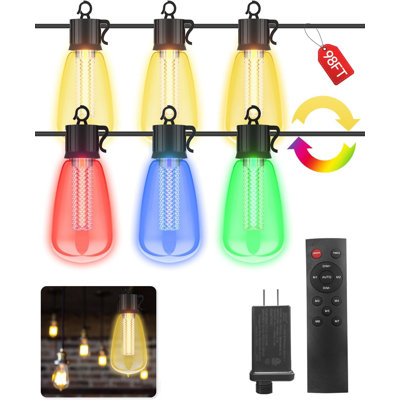 Raeghan 98FT Outdoor String Lights with Remote - Multicolor & Warm White, 8 Light Modes Timer Waterproof Patio Lights Plug In Dimmable String Lights Shatterproof for Outside Porch Backyard Party