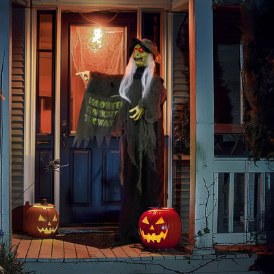 6ft Sound-activated Halloween Standing Witch Decoration – Red Eye Lights, Vibration & Spooky Cackles (battery-powered)