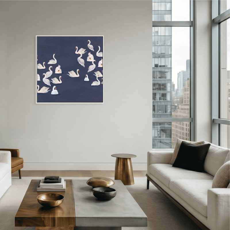 Nature Inspired Modern Ensemble: Swan Serenade, 24" H x 24" W, Framed Print, Gold