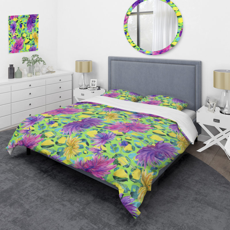 Fleurs vertes et mauves - Ensemble de housse de couette Cabin & Lodge, Housse de couette simple + 1 taie décorative stan