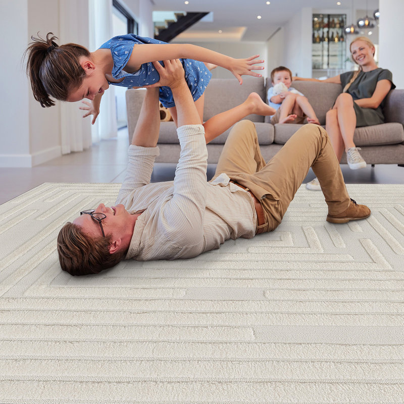 Step Collection High-Low Striped Cream Indoor Area Rug, 7'9''X10', Modern, Contemporary, Geometric, Bohemian, Bedroom, Kitchen, Living Room, Non Shedding Carpet