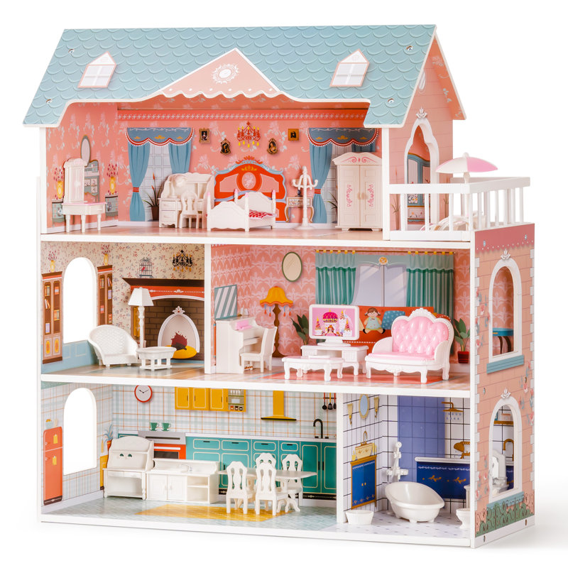 Durable Dollhouse w/28PCS Furniture Plastic, for 3.3”Dolls, Birthday Presents for Toddler 3+