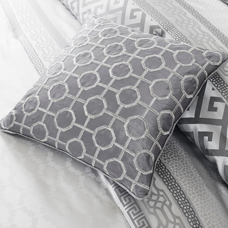 Édredon 7 pièces pour grand lit gris - Motifs géométriques traditionnels, Gris, Grand édredon et 6 pièces supplémentaires