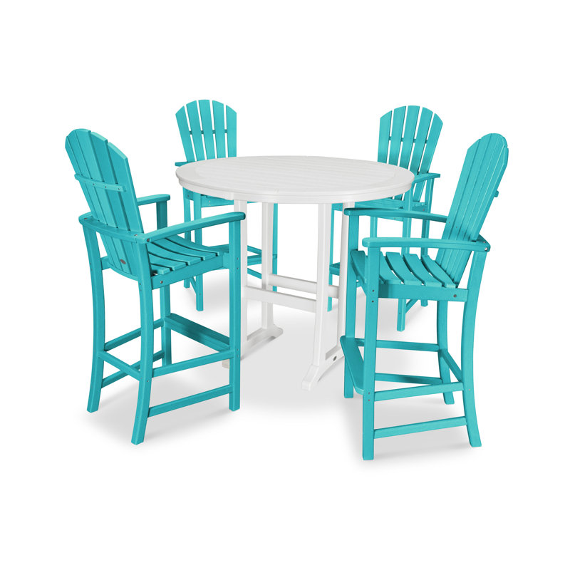 POLYWOOD Palm Coast 5-Piece Round Bar Set, Aruba/White