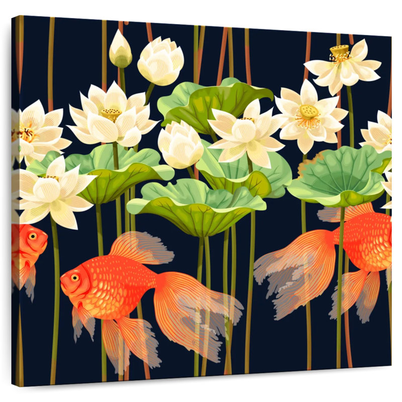 Poisson rouge et fleurs de lotus, H 10 po x l 10 po
