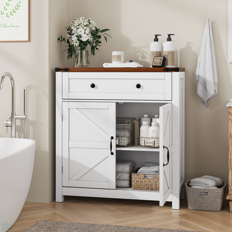 Farmhouse Storage Cabinet With Drawer And Adjustable Shelf, White Kitchen Cabinet With Walnut Countertop,  Modern Coffee Bar Console Cabinet For Kitchen, Dining Room, Bathroom, Entryway