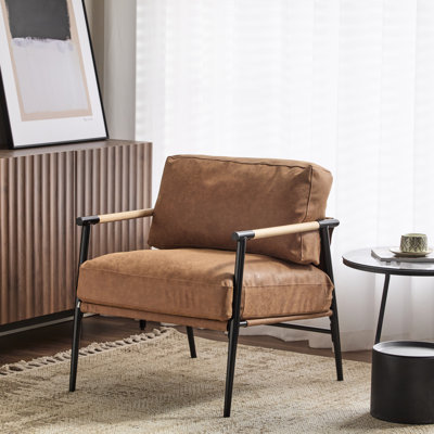 Fauteuil de 27,6 po avec coussins moelleux et de soutien, sections d'accoudoirs en bois naturel de fabrication minimaliste en métal, parfait pour un agencement de sièges de salon, hauteur de 33,48 po, paquet d'appoint brun de 29,43 lb