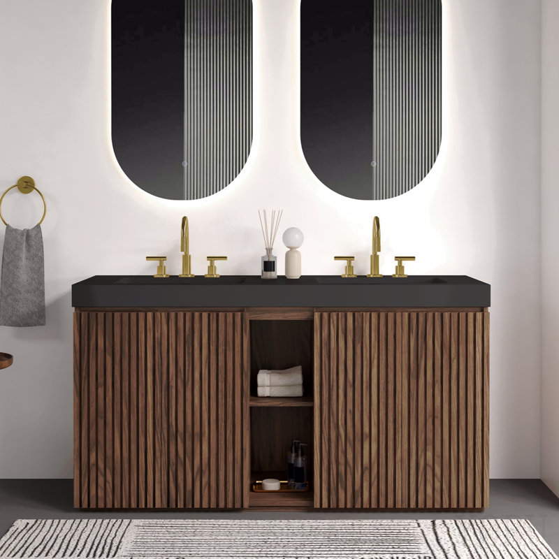 Meuble-lavabo Winston en noyer de 152 cm (60 po) avec lavabo à trois trous pour robinetterie, grand meuble-lavabo autoportant de rangement pour salle de bain moderne, double lavabo noir monobloc sans bonde ni robinet, livré en trousse