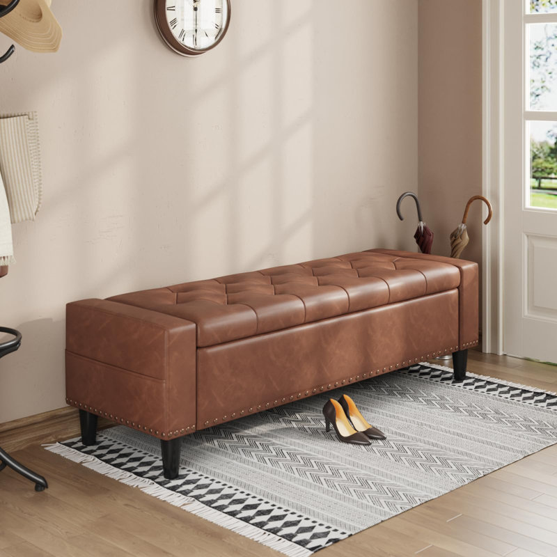 60" Faux Leather Storage Ottoman Bench, Brown