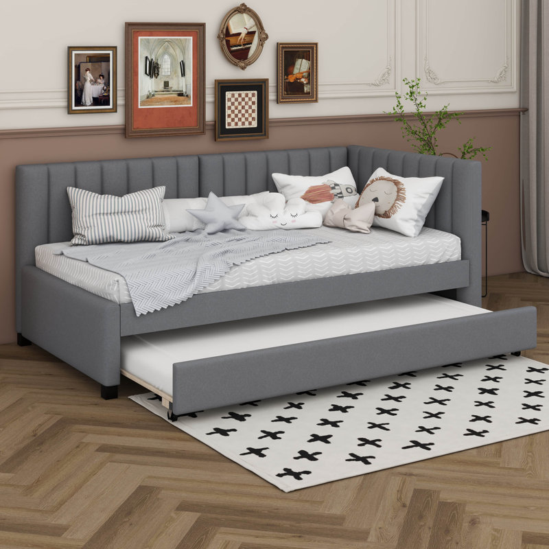 Twin Size Upholstered Daybed With Trundle, Linen Fabric Sofa Bed Frame, No Box Spring Needed, Gray