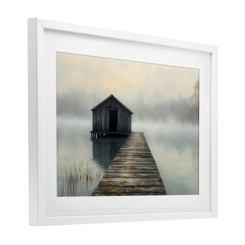 «Lakeside Boathouse Dock», impression sous verre, conception de LSR Creative Studio, H 17 po x l 23 po, Cadre blanc côtier