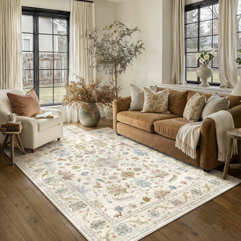 Samuel Modern Floral Washable Area Rug With Non-Slip Backing, Rectangle 5' x 7'