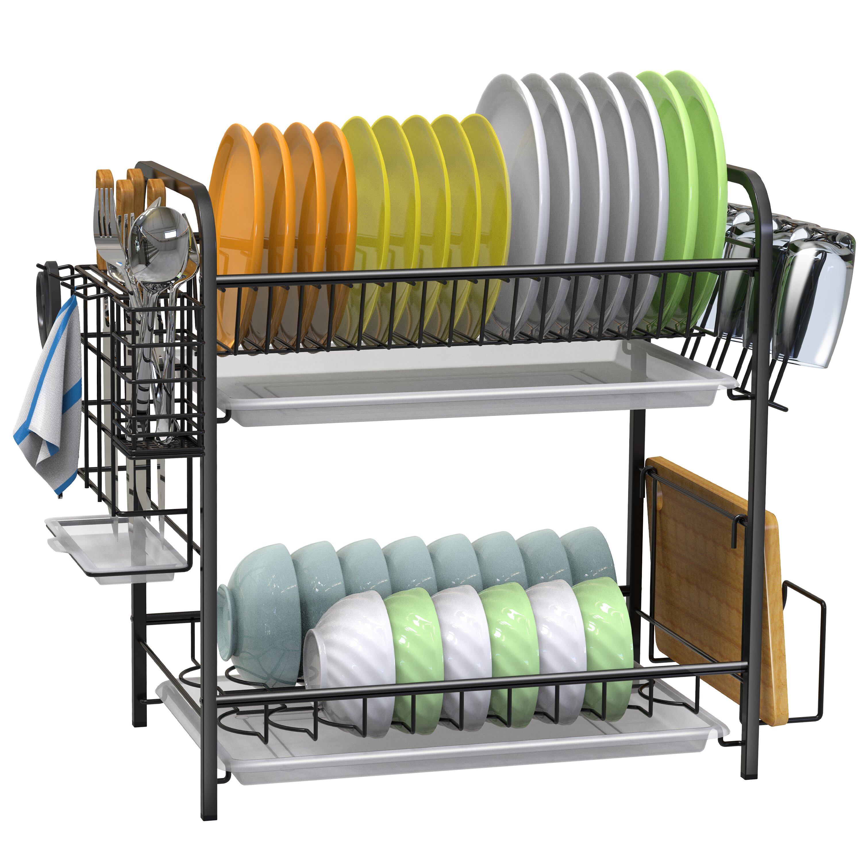 boosiny Large Dish Drying Rack with Drainboard Set, 2 Tier Dish Strainer  with Utensil and Cup