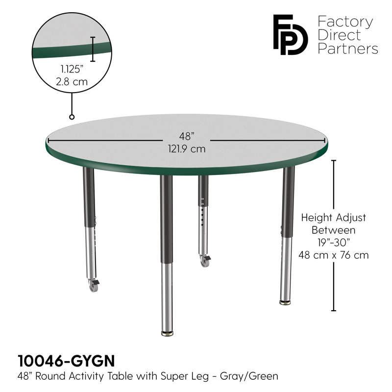 Table ronde à hauteur réglable, 48", Super, Gris / Vert / Noir