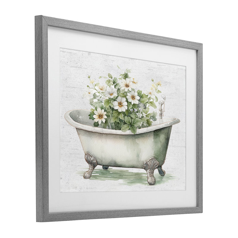 «Boho Tub with Daisies», reproduction encadrée sous verre encadrée, H 13 po x l 16 po, Cadre de ferme gris