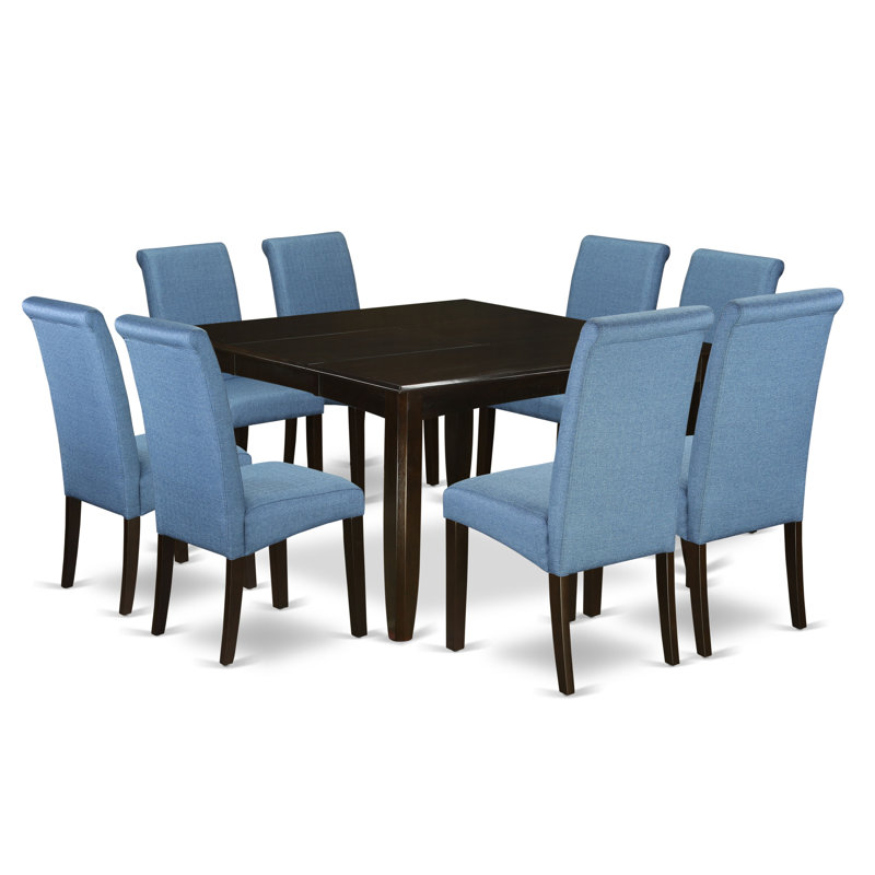 Ensemble de table de salle à manger 9 pièces moderne comprenant une table carrée en bois avec feuille de papillon et 8 chaises parsons en tissu de couleur bleue Cappuccino