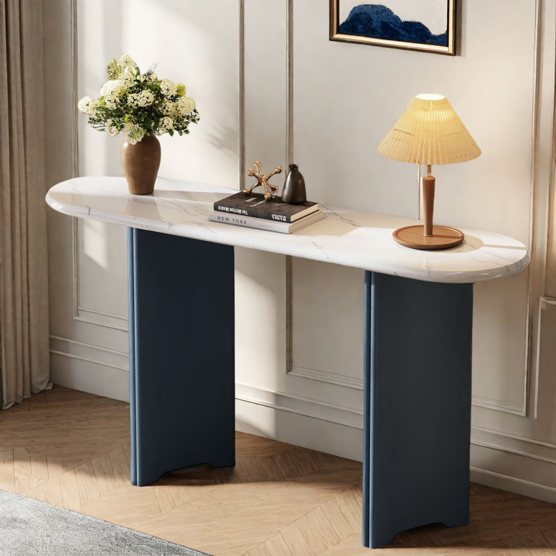 Narrow Console Table With Oval Marble Top, Curved Legs And Triangular-designed Base, Navy