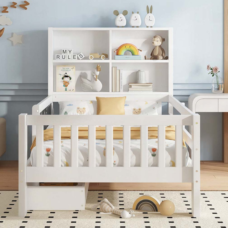Lit avec rangement et tiroirs en bois, Simple, Blanc