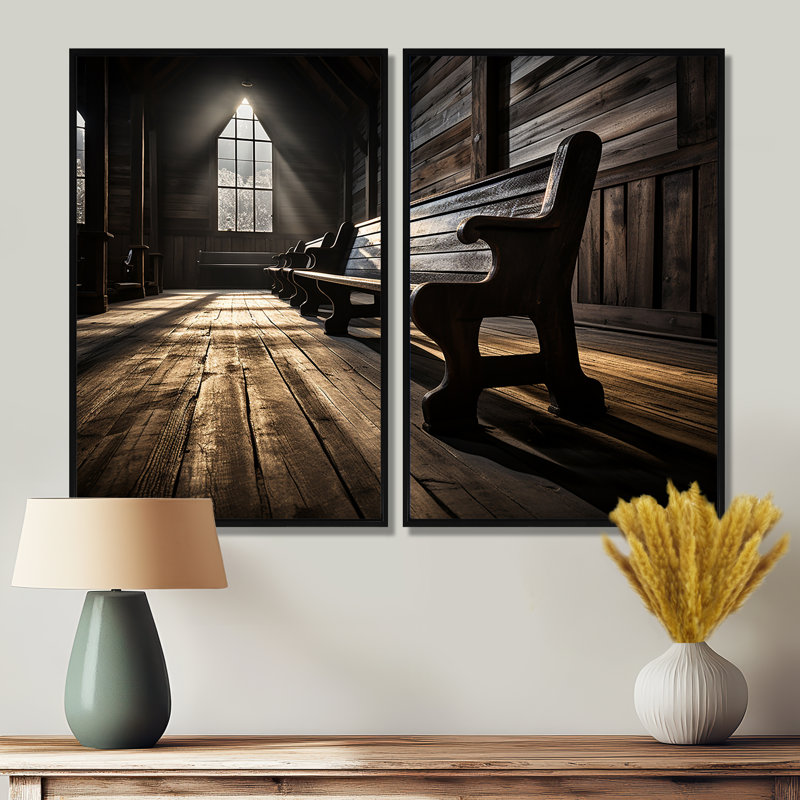 «Church Church Bench Contemplation - Large Church», ensemble d'art mural, Noir, H 36 po x l 48 po