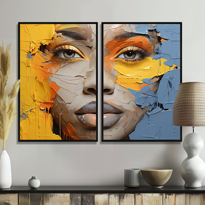 Yellow Blue Paint Collage Portrait - Global Canvas Prints 2-Panels