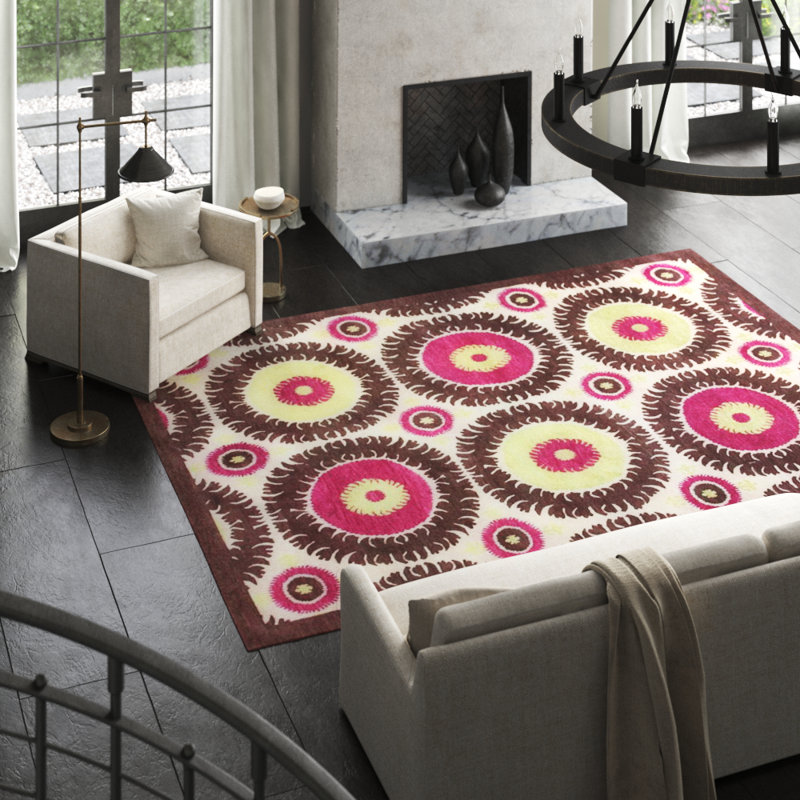 Suzani Wool Ikat Area Rug in Green/Ivory/Chocolate, Rectangle 8'1" x 10'1"