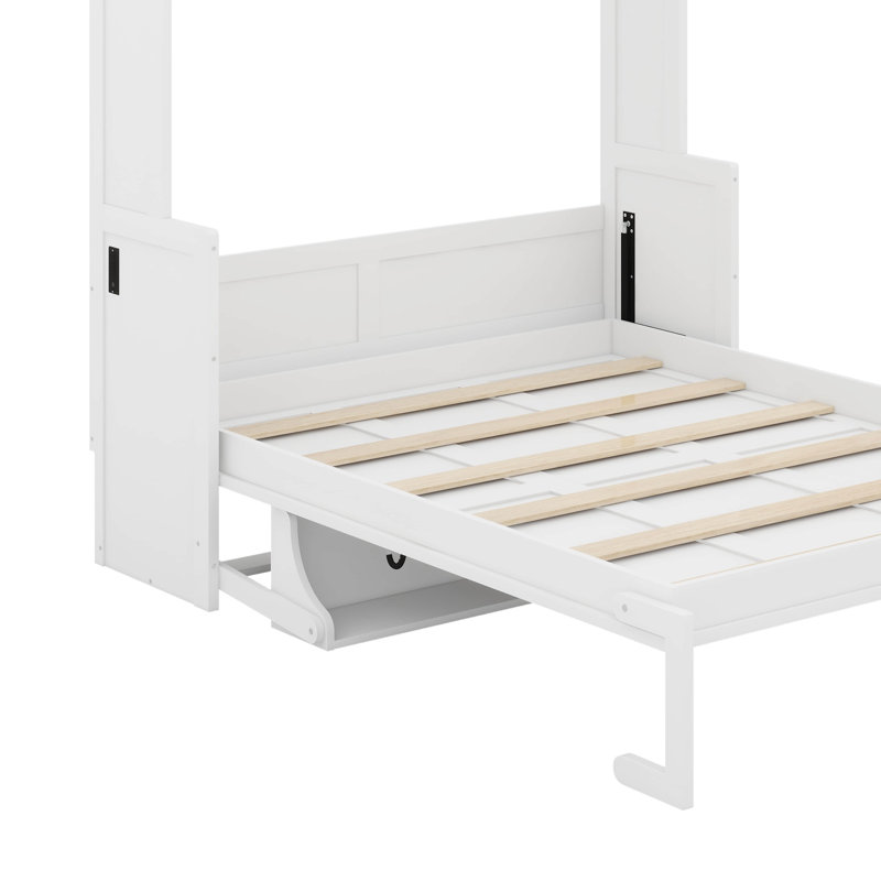 Grand lit escamotable avec bureau, lumières DEL et USB, Blanc