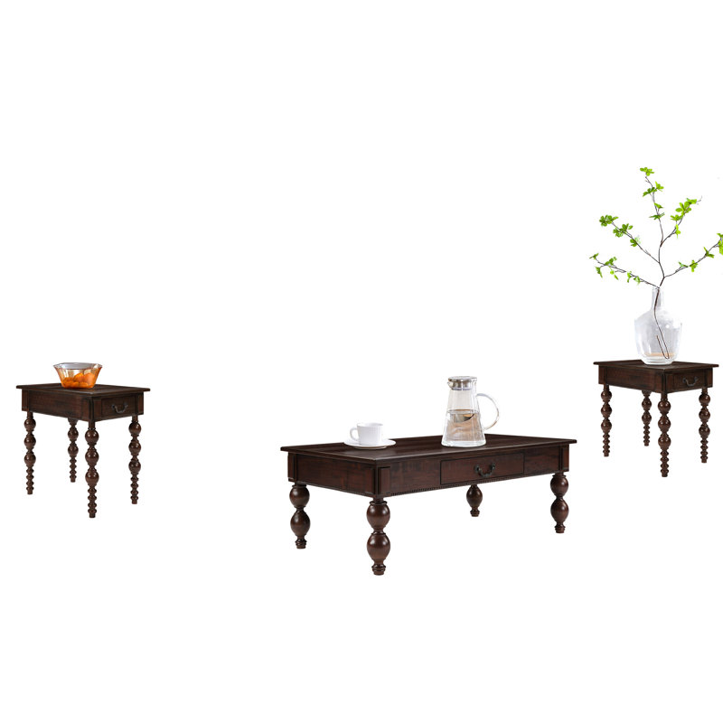 Retro 3-Piece Solid Wood Coffee Table Set With Storage Drawer, Espresso