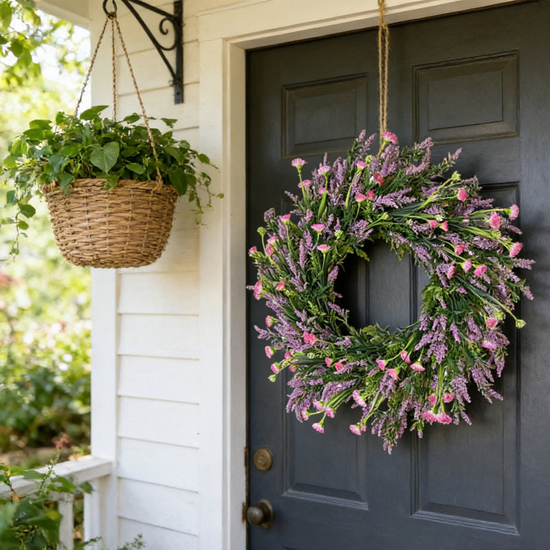 Couronne de lavande artificielle vibrante et fleur rose - base de verdure luxuriante, décoration de porte ou de mur d'inspiration printanière pour une ambiance de maison fraîche