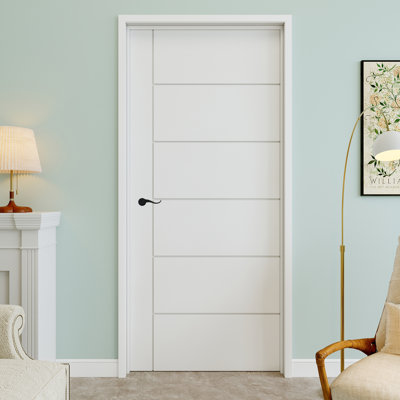 Porte pré-suspendue intérieure 32 po x 80 po à 6 panneaux moulés horizontaux avec levier incurvé et charnières argentées, dalle de porte unie, peignable et imperméable, combinaison pour la lessive, portes de placard, portes de pièce, droite
