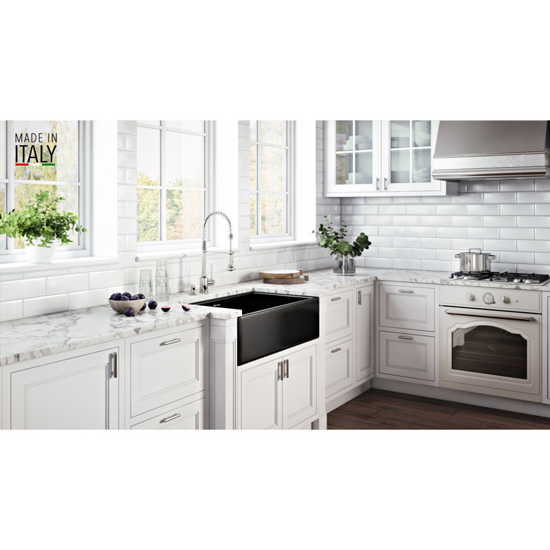 Fiamma 33" L x 20" W Farmhouse Kitchen Sink with Sink Grid and Drain Assembly, Crackled White