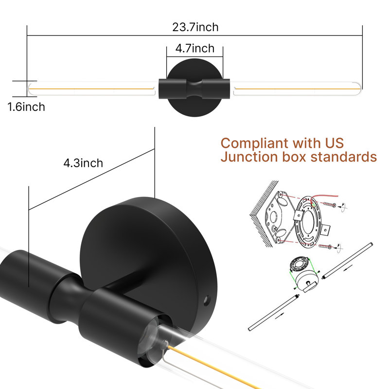 Dimmable Hardwired Wall Sconces, 23.7" Modern Black Bathroom Vanity Lights with Clear Glass & Bulbs, Wall Mount Fixtures for Bedroom Mirror Living Room Hallway