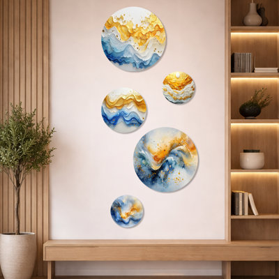 Blue Yellow Dream Lines II - Coastal Waves Wall Art Set of 5 - Coastal Metal Wall Decor Set of 5