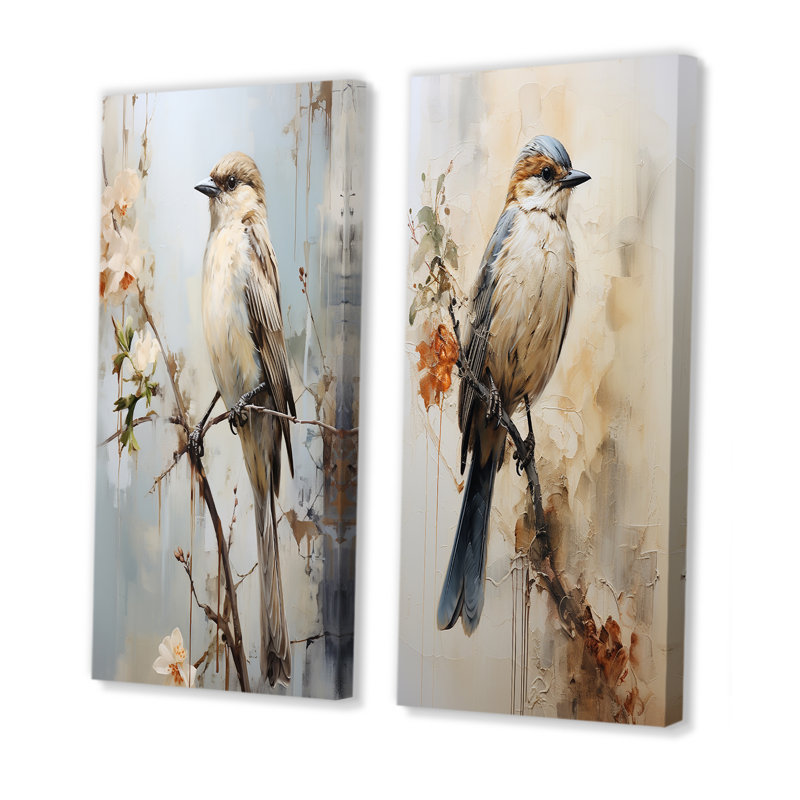 Minimalisme, oiseau beige sur branche - ensemble de 2 impressions sur toile d'oiseaux, H 32 po x l 33 po, Toile tendue