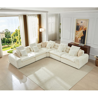 Canapé d'angle en laine d'agneau blanche moelleuse, 316 cm (L) x 316 cm (P) x 77 cm (H), bouclé, 5 pièces, forme en L, blanc, assise profonde surdimensionnée et revêtement bouclé moelleux