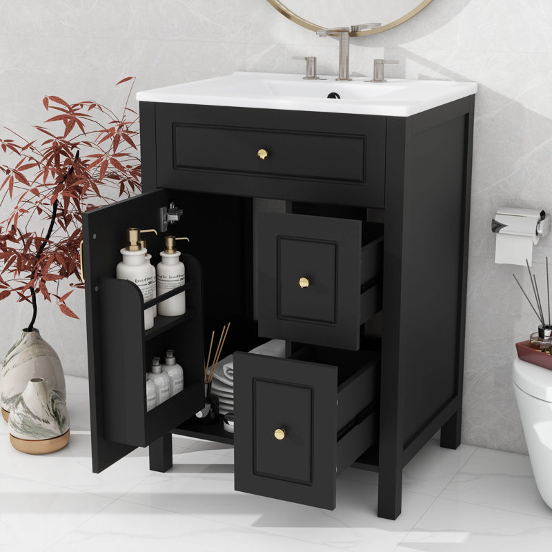 24 Inch Bathroom Vanity Equipped With Ceramic Sink, 1 Soft-Close Door And 2 Soft-Close Drawers, Black