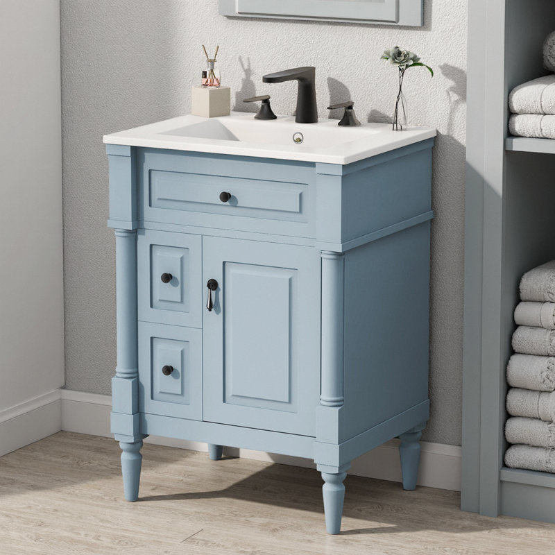 Meuble-lavabo autoportant vert 24 po avec lavabo en céramique, 3 tiroirs et tablette réglable, Bleu et gris