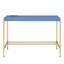 Bureau rectangulaire, port, bleu marine, or, finition laquée brillante, plateau en bois, piètement en métal ouvert