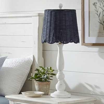 White Resin Buffet Lamp with Rattan Shade