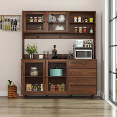 63" W Large Kitchen Hutch Cabinet, Freestanding Pantry Cabinets Storage Kitchen Cupboard With 4 Doors, 4 Drawers & Microwave Shelf, Walnut
