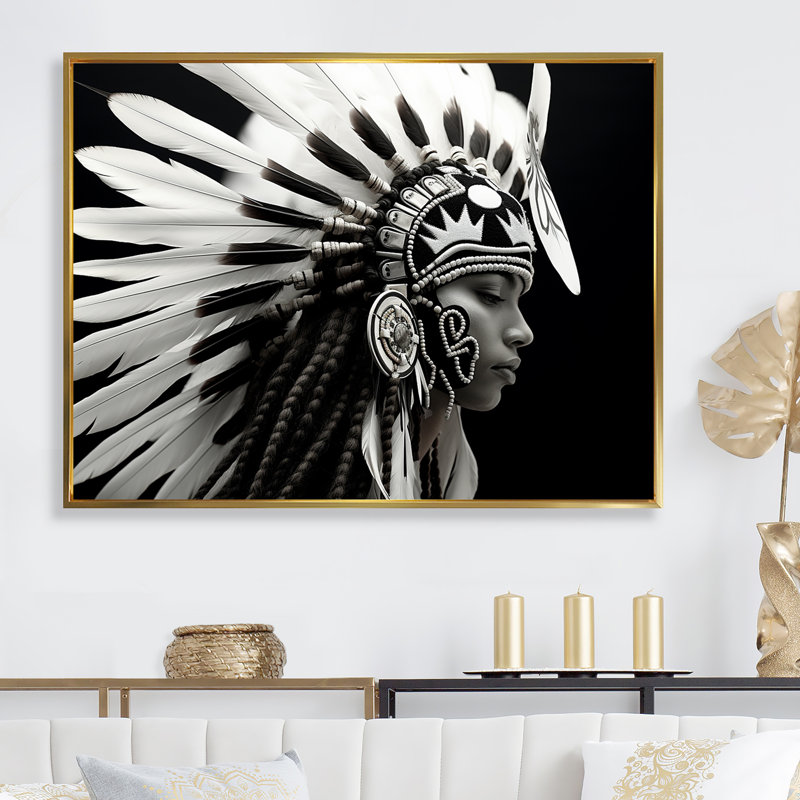 «Native Spirit» noir et blanc sur toile, Cadre flottant doré, H 12 po x l 20 po x P 1 po