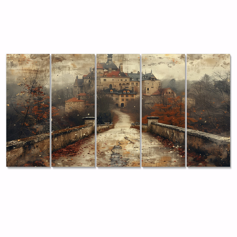 «Beige Orange Autumn Rustic Chateau In Europe I - Chateaus», ensemble de reproduction d'art mural, 32" H x  80" W